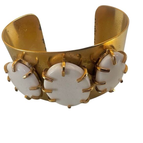 Bold Gold-Tone Brass Cuff Bracelet with White Resin Cabochons - Picture 5 of 7